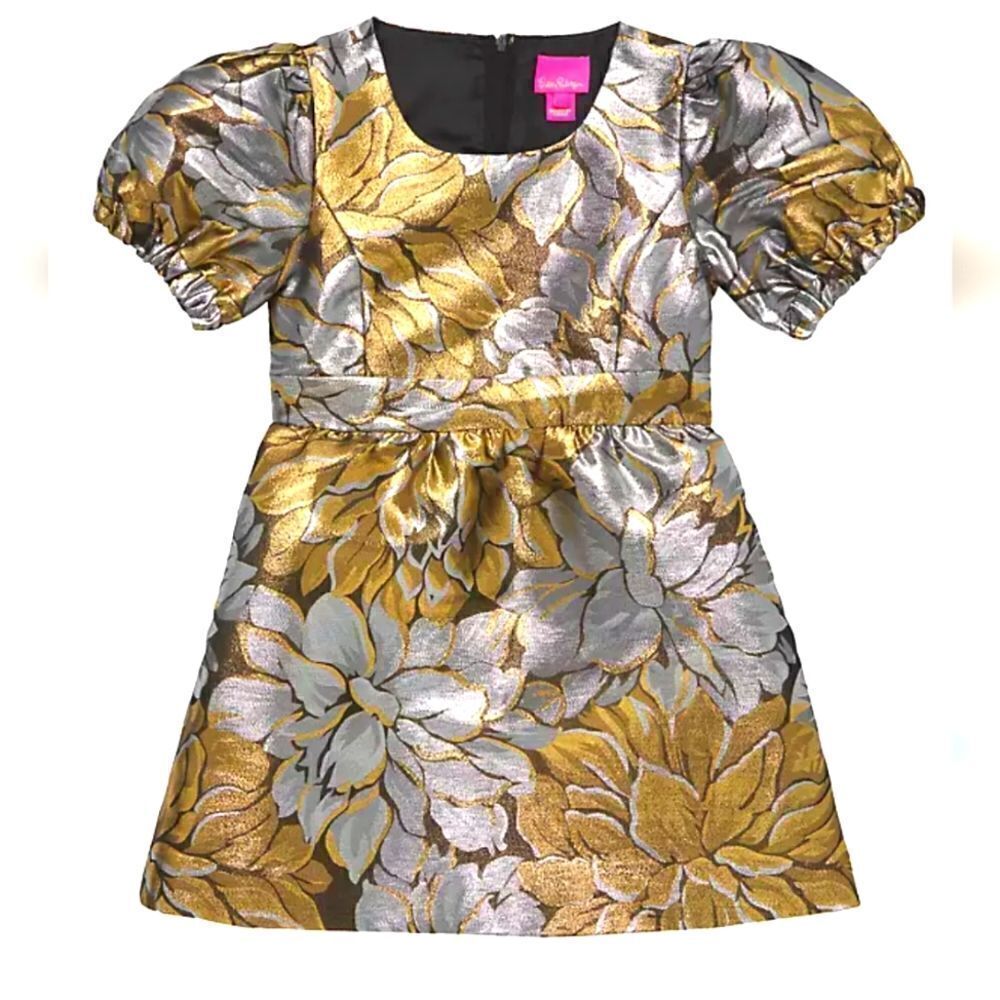 Lilly Pulitzer Girl's 2T Priyanka Metallic Jacquard Dress Gold Silver, NEW
